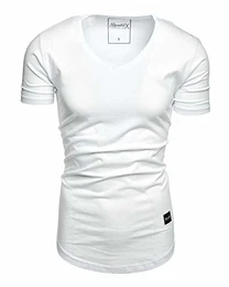 Oversize Herren Slim-Fit V-Neck Basic Sommer T-Shirt V-Ausschnitt R-0004 Weiß XL