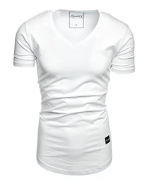 Oversize Herren Slim-Fit V-Neck Basic Sommer T-Shirt V-Ausschnitt R-0004 Weiß M