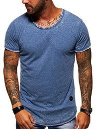 . Herren Oversize Kurzarm T-Shirt Rundhals O-Neck Vintage Shirt 20-1740 Blau M