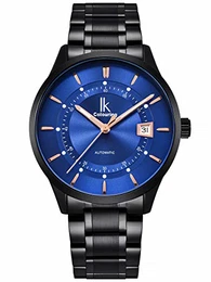 Automatikuhr Armbanduhr Herren Damen schwarz Edelstahl Metallarmband Kalender Datum blau