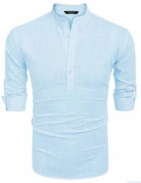 Herren Hemd Langarmshirt Leinenshirt aus Baumwolle Leinen Henley-Kragen Kurzen Kragen Regular Fit Freizeit Sommer Leinenhemd für Männer