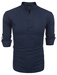Herren Hemd Langarmshirt Leinenshirt aus Baumwolle Leinen Henley-Kragen Kurzen Kragen Regular Fit Freizeit Sommer Leinenhemd für Männer