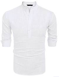 Herren Hemd Langarmshirt Leinenshirt aus Baumwollmischung Leinen Henley-Kragen Sommer Shirt für Männer Weiß M