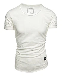 Oversize Herren Vintage Crew-Neck Verwaschen T-Shirt Basic Rund-Ausschnitt Shirt R7 Weiß M