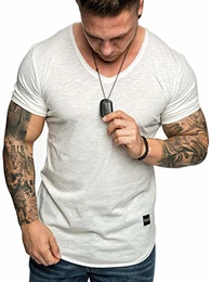 Oversize Herren Vintage T-Shirt Verwaschen Sommer V-Neck Basic V-Ausschnitt Shirt R8 Weiß M