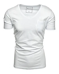 Oversize Herren Brusttasche V-Neck Basic Sommer Slim-Fit T-Shirt V-Ausschnitt R6 Weiß M