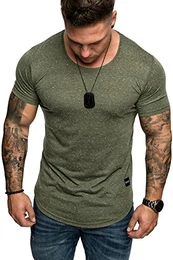 Oversize Herren Slim-Fit T-Shirt Crew-Neck Basic Sommer Rundhals-Ausschnitt R21 Khaki M