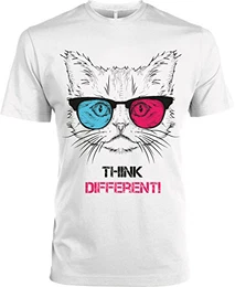 makato Herren T-Shirt mit Nackenband und Motiv Think Different Cat Weiß White M