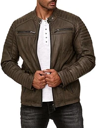 Herren Jacke Übergangsjacke Biker Lederjacke Echtleder Kunstleder Baumwolle mit gesteppten Bereichen (M, Khaki - Echtleder)