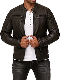 Herren Jacke Übergangsjacke Biker Lederjacke Echtleder mit gesteppten Bereichen Braun S