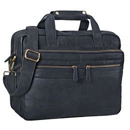 'Explorer' Lehrertasche Leder Herren Damen Aktentasche Büro Schulter- oder Umhängetasche für Laptop mit Dreifachtrenner Echt Leder Vintage, Farbe:schwarz
