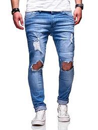 Herren Jeans Destroyed Slim Fit Hose Chino Jeanshose J-106 [Blau, W33/L32]
