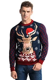 Herren Weihnachtspullover Unisex Hässliche Pulli Lustig Strickpullover Ugly Weihnachtspulli - Rentier & Weihnachtsmann & Schneemann,BlauA Leuchten Weihnachten,L