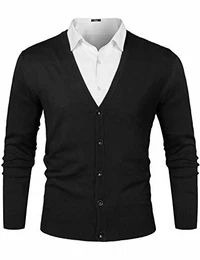 Herren Strickjacke Cardigan Mit V-Ausschnitt Aus Baumwolle, Schwarz, M