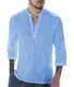 Gemijacka Herren Leinenhemd Henley Freizeithemd 3/4 Ärmellänge & Kurzarm Regular Fit Kragenloses Shirt, Blau, M