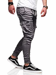 Herren Cargo Chinohose Jogger Hose JN-3839 (Dunkelgrau, W32)