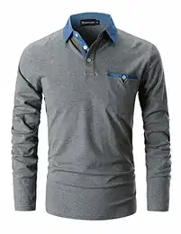 Poloshirts Herren Basic Langarm Baumwolle Polohemd Denim Nähen Golf T-Shirt S-XXL,Grau 1,M