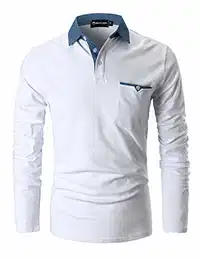 Poloshirts Herren Basic Langarm Baumwolle Polohemd Denim Nähen Golf T-Shirt S-XXL,Weiß,M
