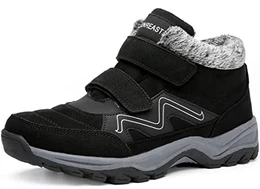 Winterschuhe Warm Gefütterte Winter Schneestiefel Trekkingschuhe Wanderhalbschuhe Winterboots rutschfest Outdoor mit Klettverschluss für Herren Damen, Schwarz, 42 EU