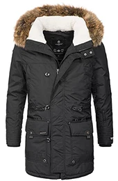 Herren Winterjacke Kapuze Kunstfell Winter Jacke Parka warm lang B629 [B629-Ansaya-Schwarz-Gr.S]