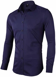 Herren Hemd aus Bambusfaser umweltfreudlich Elastisch Slim Fit für Freizeit Business Hochzeit Reine Farbe Hemd Langarm,DE XXS (Etikette 38),Navy Blau