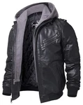 FLAVOR Echtes Lederjacke Herren Abnehmbarer Hoodie Schwarz/Grau