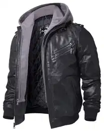 Echtes Lederjacke Herren Abnehmbarer Hoodie (M, Schwarz+Grau)