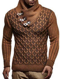 Herren-Strickpullover Strick-Pulli mit Schalkragen Moderner Woll-Pullover Langarm LN5385 Camel Braun Medium