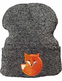 Strickmütze: Fuchs Fox - Wollmütze/Wintermütze/Rollmütze/Long Beanie/Mütze/Seemannsmütze/Unisex Herren Damen/Cool Design Logo Bestickt/Hip Hop (Grau)