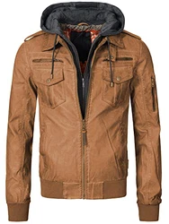 Indicode Herren Aaron Lederjacke mit Abnehmbarer Kapuze Brown