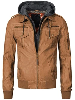 Indicode Herren Aaron Lederjacke mit Abnehmbarer Kapuze Brown