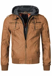Indicode Herren Aaron Lederjacke m. Abnehmbarer Kapuze & 7 Taschen Kunstleder Herrenjacke Kurze Winterjacke warme Übergangsjacke gefütterte Winter Leder Jacke f. Männer Brown M