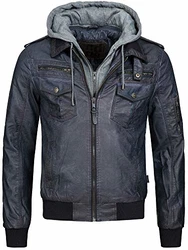 Indicode Herren Aaron Lederjacke mit Abnehmbarer Kapuze Navy