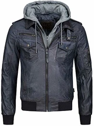 Indicode Herren Aaron Lederjacke m. Abnehmbarer Kapuze & 7 Taschen Kunstleder Herrenjacke Kurze Winterjacke warme Übergangsjacke gefütterte Winter Leder Jacke f. Männer Navy M