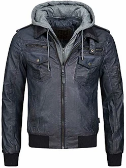 Indicode Herren Aaron Lederjacke mit Abnehmbarer Kapuze Navy