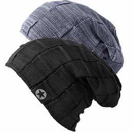 2er Slouch Beanie Mütze Damen Herren, Warme Winter Strickmütze mit Fleece Innenfutter Unisex Wintermütze - Grau+Schwarz (A Set) - Einheitsgröße