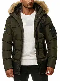 Herren Winter-Jacke - Gefütterte warme Herrenjacke - Slim-Fit - mit Kapuze und abnehmbarem Kunstfell - Khaki Large