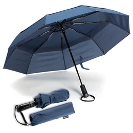 Reise-Regenschirm, winddicht, belüftet, mit doppeltem Schirmdach – mit Teflon-Beschichtung, ergonomischem Griff und Schutzhülle. Tragbar, kompakt, faltbar und leicht (Marineblau)