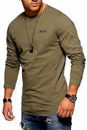 Herren Langarmshirt Oversize Longshirt O-Neck (Medium, Dusty Olive)