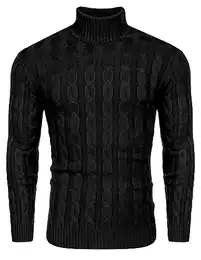 Herren Rollkragen Pullover Zopftmuster Strickpullover Basic Langarm Sweatshirt Feinstrick Sweater Slim Fit Männer Pullover Schwarz M