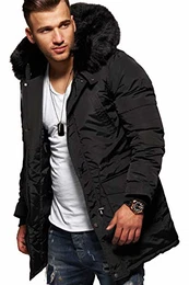 . Herren Winter-Parka Winter-Jacke mit Kunstfell an der Kapuze 55-1723 Schwarz M