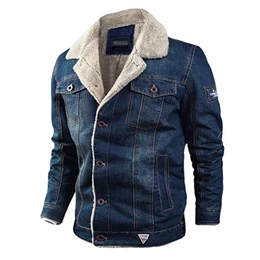 YuanDian Herren Herbst Winter Große Größe Jeansjacke Gefüttert Mit Kunst Fellfutter Fellkragen Button Down Warm Winddicht Verdicken Revers Militär Bomber Denim Mäntel Dunkelblau L