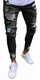 Pizoff Herren Superenge Skinny-Jeans in verwaschenem Blau mit Rissen an den Knien, Am019-black, S