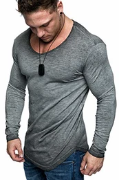 Oversize Herren Longsleeve Vintage Sweatshirt V-Neck Basic V-Ausschnitt Shirt 6096 Anthrazit Verwaschen M