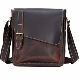 Umhängetaschen Herren Ledertasche,Rindsleder Flip Messenger Arbeitstasche Magnetschnalle mit Stiftschlitzkartenhalter kleine Tasche,Vintage Braun