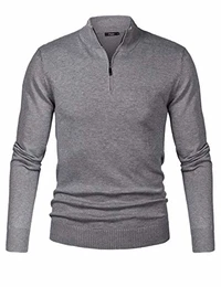 Herren Strickpullover Slim Fit Strick Pullover Mit Stehkragen Und Reißverschluss Grau Medium