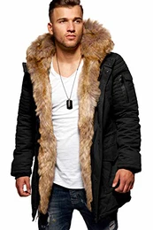 . Herren Winter-Parka Winter-Jacke mit Kunstfell & Kapuze Biker Mantel 55-1790-N Schwarz M