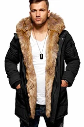. Herren Winter-Parka Winter-Jacke mit Kunstfell & Kapuze Biker Mantel 55-1790-N Schwarz L