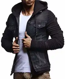 Jeansjacke Herren (Schwarz, Größe XXL), Jeans Denim Kapuzenjacke, Männer Jeans Jacke mit coolen Strickärmel, modernes Design Regular Fit