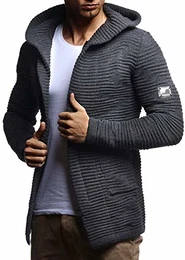Herren Strickjacke lang mit Kapuze & Reißverschluss (Grau, Größe M) - Strick Sweatjacke Männer Cardigan für Winter